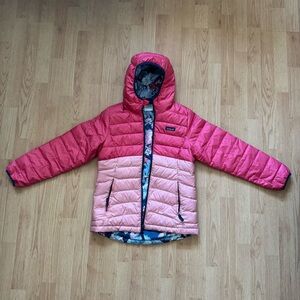 Patagonia Girls pink floral reversible hooded puffer down jacket